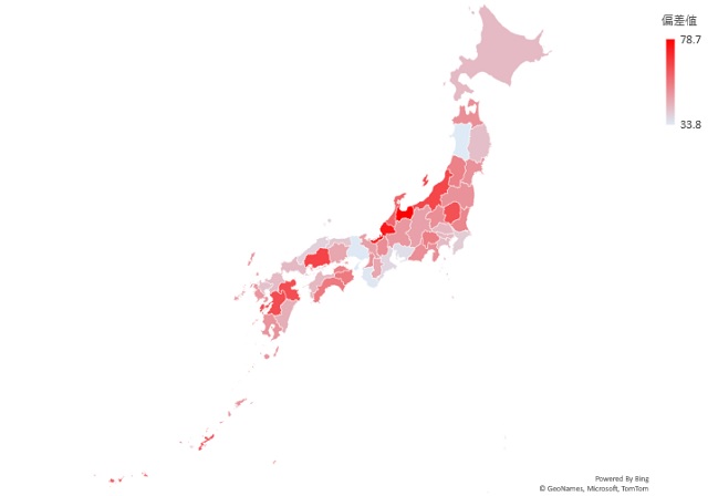 天ぷらの年間消費額のマップグラフ